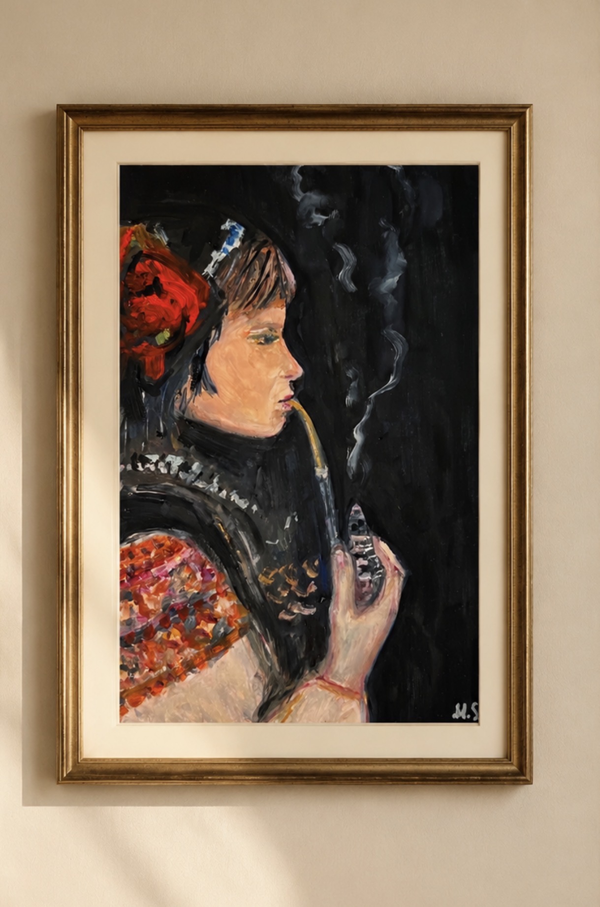 Interior visualisation of Hutsul Woman. Portrait of a Ukrainian Woman by Marina Stognieva framed on a wall